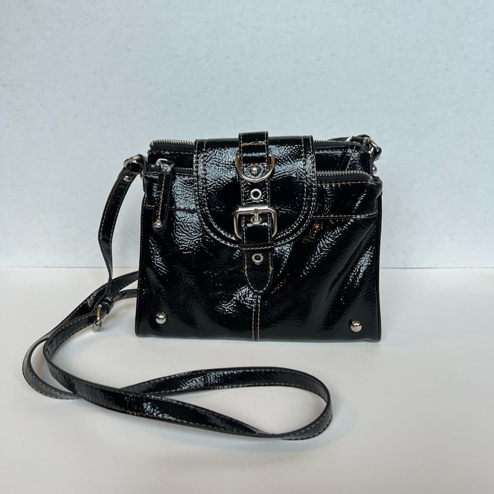 Nine West Black Patent Leather Crossbody Purse -Accordion Organizational Pockets